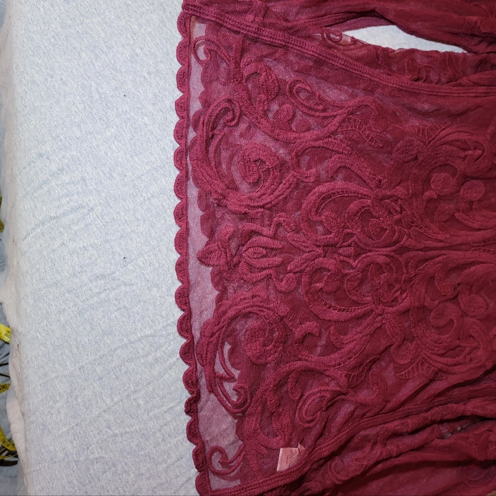 Sheer Burgundy/wine Lace Long Sleeve Shirt - Picture 6 of 9